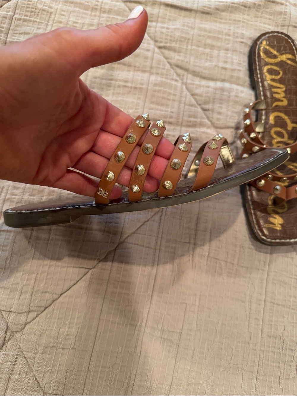 Sam Edelman Tan Brown Leather Studded Slide Sandals - Picture 4 of 5
